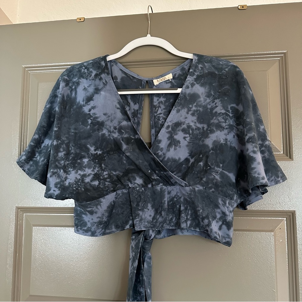 Khush Blue/Navy Tie-Dye Cropped Wrap Blouse